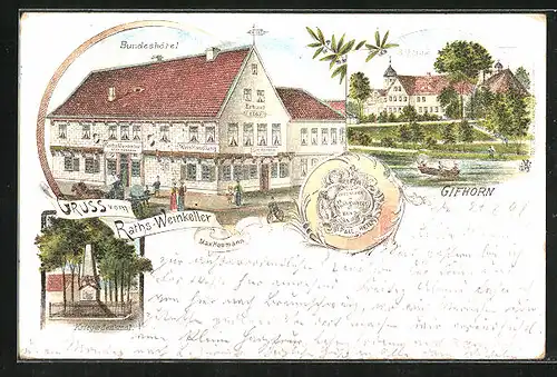 Lithographie Gifhorn, Bundeshotel Raths-Weinkeller, Schloss
