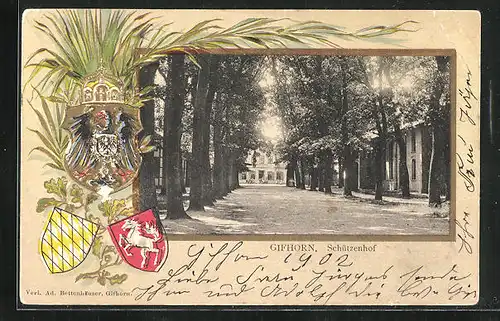 Passepartout-Lithographie Gifhorn, Strassenpartie am Gasthaus Schützenhof, Wappen