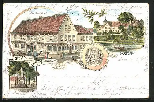 Lithographie Gifhorn, Bundeshotel Raths-Weinkeller von Max Heumann, Kriegerdenkmal
