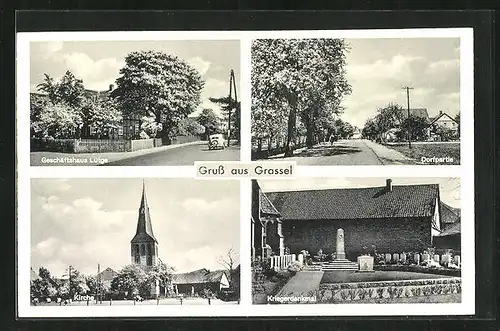 AK Grassel pb. Gifhorn, Geschäftshaus Lütge, Kirche, Kriegerdenkmal