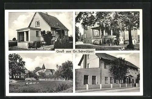 AK Gr. Schwülper, Kaufhaus Rudolf Krüger, Gebäudeansicht, Ortspartie mit Kirche