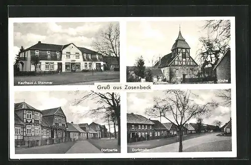 AK Zasenbeck, Kaufhaus J. Stammer, Kirche, Dorfstrasse
