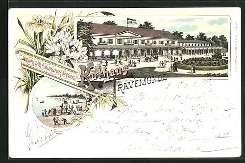 Lithographie Travemünde, Kurhaus, Strand