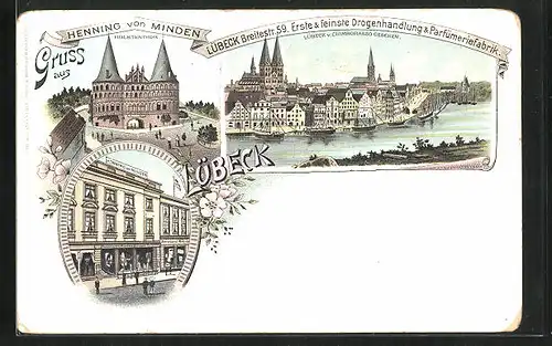 Lithographie Lübeck, Drogerie & Parfümeriefabrik Henning von Minden, Breitestrasse 59, Holstentor