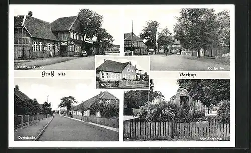 AK Vorhop, Gasthaus Dürkop, Schule, Dorfstrasse, Ehrenmal