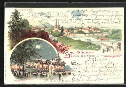 Lithographie Höxter a. d. W., Restaurant Felsenkeller, Totalansicht mit Fluss und Brücke