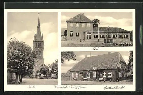 AK Wahrenholz Krs. Gifhorn, Gasthaus Krendel, Schule, Kirche