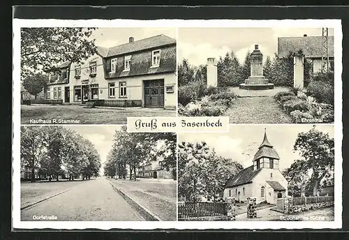 AK Zasenbeck, Kaufhaus R. Stammer, Dorfstrasse, Ehrenmal, St. Johannes-Kirche