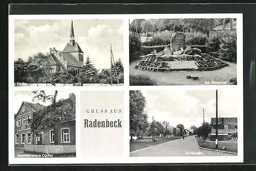 AK Radenbeck, Geschäftshaus Corfey, Dorfstrasse, Partie am Ehrenmal, Kirche