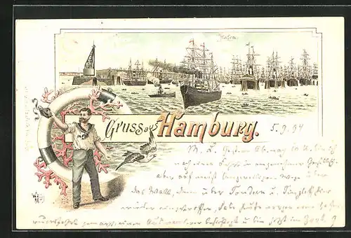 Vorläufer-Lithographie Hamburg, 1894, Segelschiffe im Hafen, Grüssender Matrose