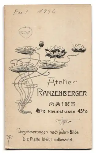 Fotografie H. Ranzenberger, Mainz, Rheinstrasse 45 1 /10, Soldat in Uniform Fuss-Art.-Rgt. 3