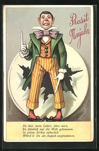 Künstler-AK Neujahrsgruss, Clown mit langen Fingern, Zirkus