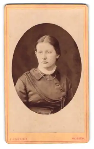 Fotografie E. Schroeter, Meissen, Obergasse 597, Portrait junge Dame in edler Bluse