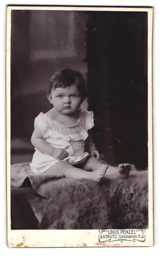 Fotografie Louis Penzel, Görlitz, Schützenstr. 3, Portrait pausbäckiges Kleinkind auf einem Fell