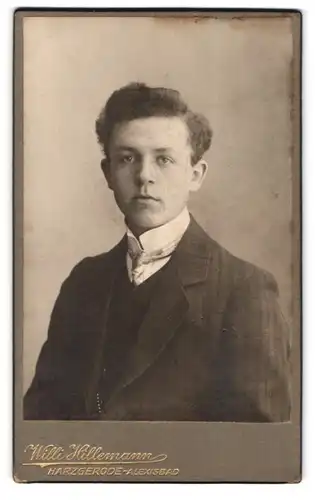 Fotografie Willi Hillemann, Harzgerode-Alexisbad, Portrait eleganter junger Herr im Anzug mit Krawatte