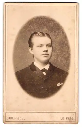 Fotografie Carl Riedel, Leipzig, Rosenthal-Str. 5, Portrait junger Mann mit Scheitelfrisur und Einstecktuch