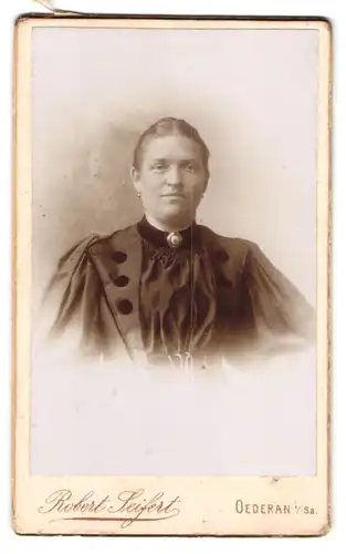 Fotografie Robert Seifert, Oederan i. Sa., Langegasse 296, Portrait bürgerliche Dame in Bluse mit Brosche