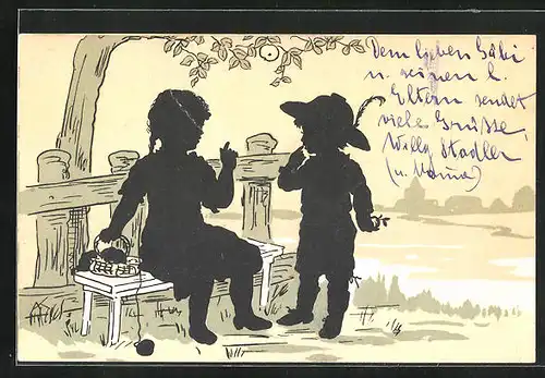 AK Kinder unter Apfelbaum auf Bank mit Strick-Korb