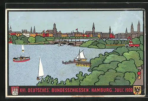 AK Hamburg, XVI. Deutsches Bundesschiessen 1909, Schützenverein, Flusspartie mit Brücke