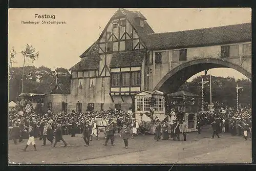 AK Hamburg, 16. Deutsches Bundesschiessen 1909, Festzug mit Hamburger Strassenfiguren