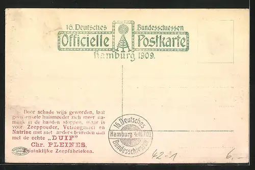 AK Hamburg, 16. Deutsches Bundesschiessen 1909, Festzug mit Hamburger Strassenfiguren