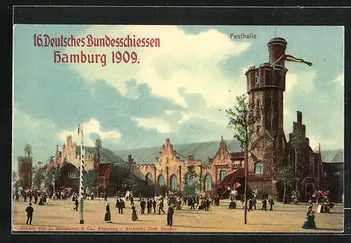 AK Hamburg, 16. Deutsches Bundesschiessen 1909, Passanten vor Festhalle