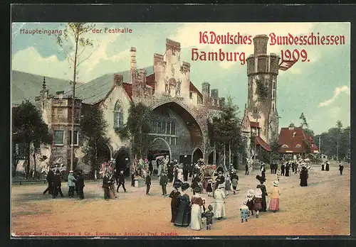 AK Hamburg, 16. Deutsches Bundesschiessen 1909, Haupteingang der Festhalle