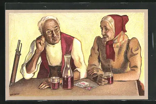 Künstler-AK Schweizerischer Schützenverein, alter Schütze mit Frau am Tisch