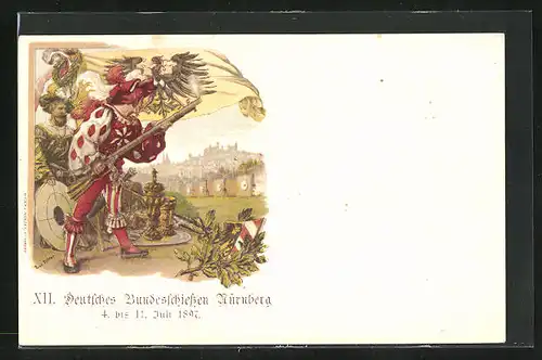 Lithographie Nürnberg, XII. Deutsches Bundesschiessen 1897, Schütze mit Muskete am Schiessstand, Ganzsache