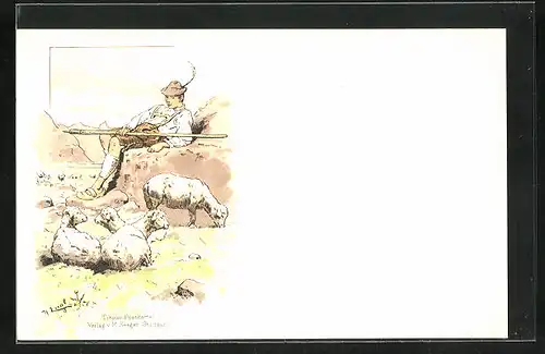 Künstler-AK Tiroler Schafhirte ruht aus