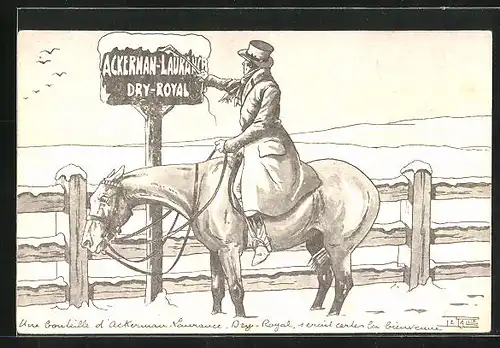 AK Ackerman-Laurance Dry-Royal, Spirituosen-Reklame, Reiter am Reklameschild