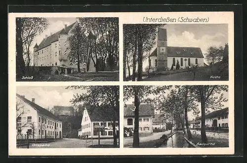 AK Unterdiessen /Schwaben, Schloss, Kirche, Bachpartie