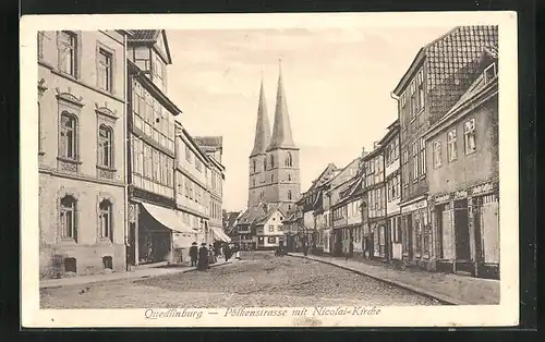 AK Quedlinburg, Plkenstrasse mit Geschäften und Nicolai-Kirche