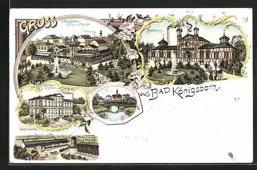 Lithographie Bad Königsborn, Kurgarten Kurhaus u. Theater, Logierhaus z. Adler, Gradierwerke