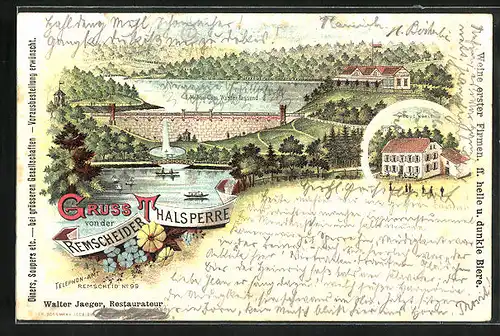 Lithographie Remscheid, Gasthaus Mebus Mühle, Talsperre und Hauptrestaurant