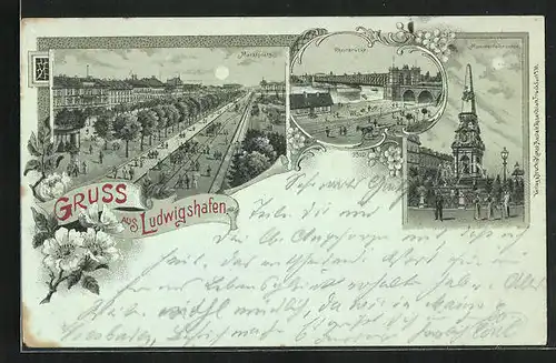 Mondschein-Lithographie Ludwigshafen, Marktplatz, Rheinbrücke, Monumentalbrunnen