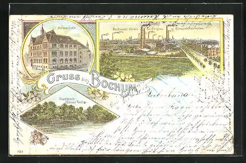 Lithographie Bochum, Bochumer Verein für Bergbau u. Gussstahlfabrikation, Bergschule, Stadtpark Grosser Teich