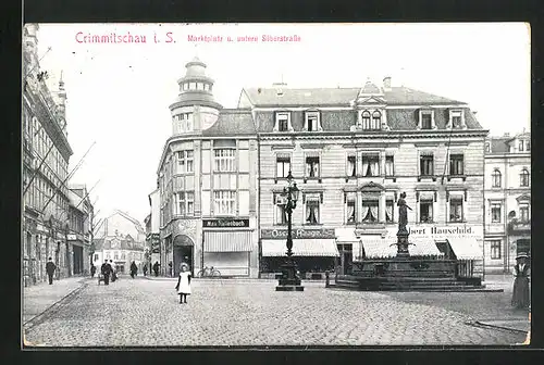 AK Crimmitschau i. S., Marktplatz u. untere Silberstrasse mit Geschäften und Brunnen