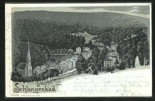 Mondschein-Lithographie Schlangenbad, Ortsansicht mit bewaldeten Hügeln