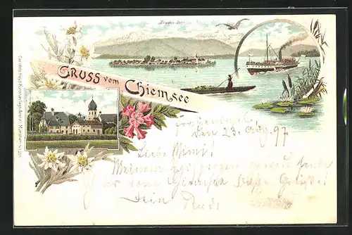 Lithographie Frauen-Insel /Chiemsee, Dampfer auf dem See, Teilansicht mit Kirche