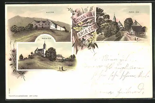 Lithographie Maria-Eck, Kloster, Strassenpartie im Dorf