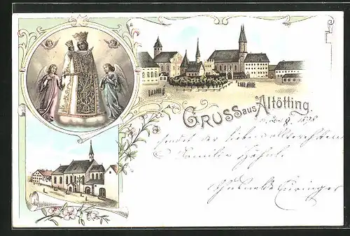 Lithographie Altötting, Kapellplatz mit der Gnadenkapelle