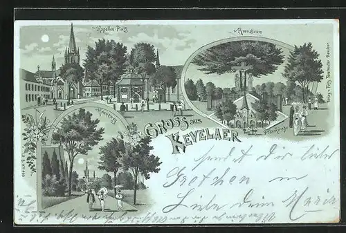 Mondschein-Lithographie Kevelaer, Kapellen-Platz, Kreuzweg, Pfarrkirche