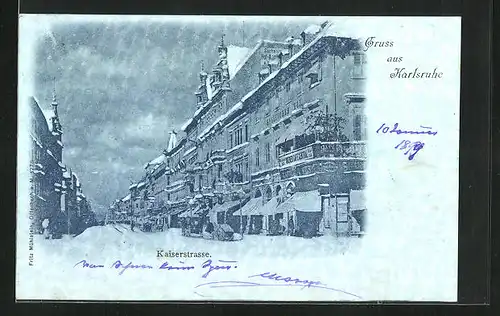 AK Karlsruhe, Verschneite Kaiserstrasse mit Geschäften
