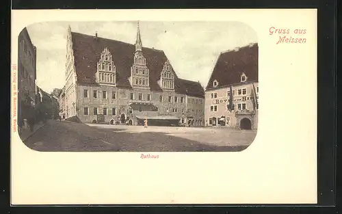 AK Meissen, Hotel zum Hirsch und Rathaus, Marktplatz