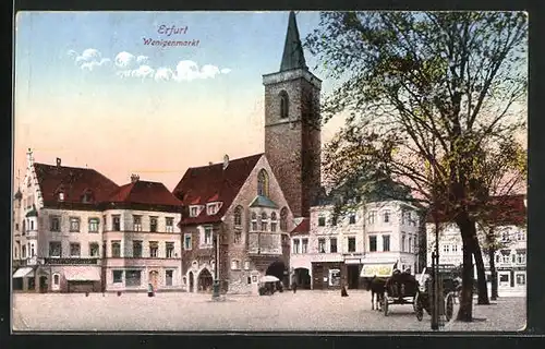 AK Erfurt, Wenigenmarkt mit Geschäften und Pferdewagen