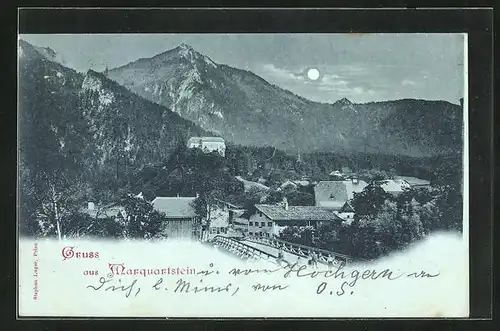 Mondschein-AK Marquartstein, Ortspartie mit Brücke und Bergen
