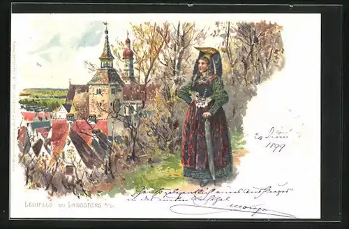 Lithographie Lechfeld b. Landsberg a. L., Frau in Tracht über Ort