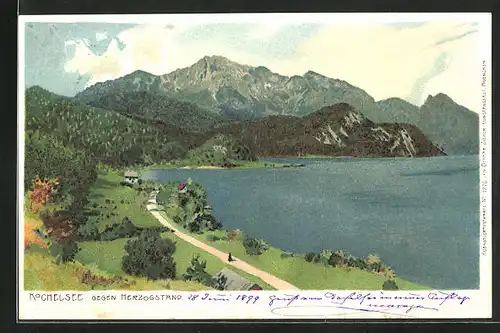 Lithographie Kochel a. See, Ortsansicht gegen Herzogstand