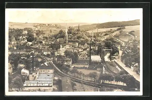 AK Mylau i. V., Ortsansicht mit Kirche aus der Vogelschau